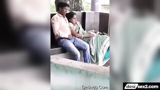 Desi man boobs pressing and blowjob with aunty in park